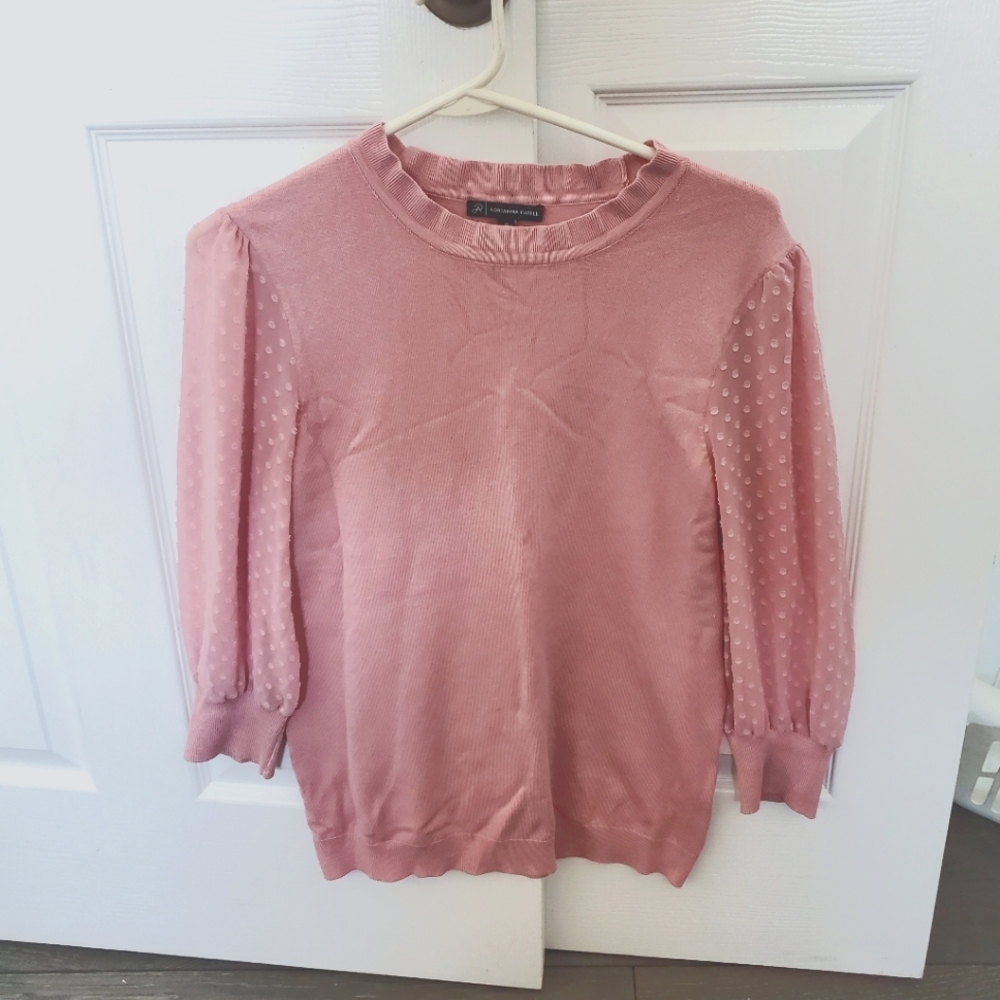 Adrianna Papell Long Sleeve Pink Sweater with Sheer Clip Dot Sleeves Women's Med